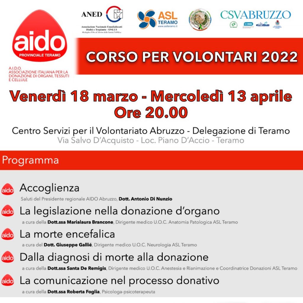 Venerdì 18 marzo e mercoledì 13 aprile, sempre alle ore 20.00, i due appuntamenti del Corso per Volontari organizzato dall'AIDO Provinciale Teramo (Associazione Italiana per la Donazione di Organi, Tessuti e Cellule).