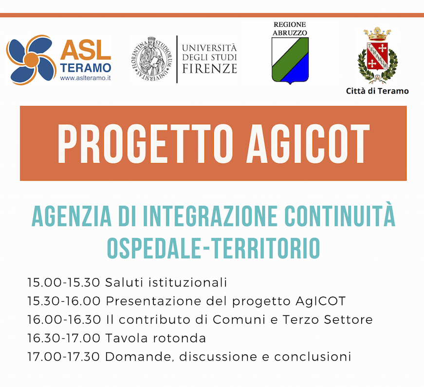 Venerdì 10 giugno alle ore 15.00 nel Parco della Scienza, in Via A. De Benedictis a Teramo, verrà presentato il progetto AgICOT - Agenzia di Integrazione Continuità Ospedale-Territorio.