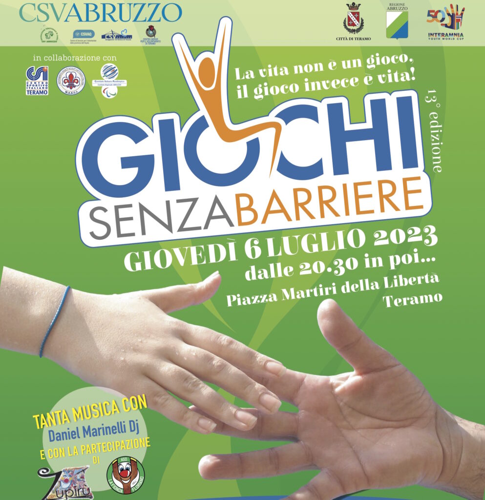 Le associazioni di persone disabili della regione Abruzzo si ritroveranno giovedì 6 luglio alle 20.30 a Teramo, in Piazza Martiri della Libertà, per vivere una serata di solidarietà, risate, giochi, amicizia e sport.