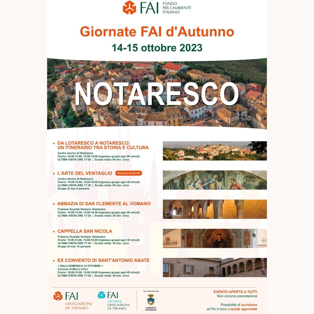 Il 14 e il 15 ottobre a Notaresco tornano le Giornate del FAI d'Autunno. Nella locandina tutte le info su itinerari ed iscrizioni.