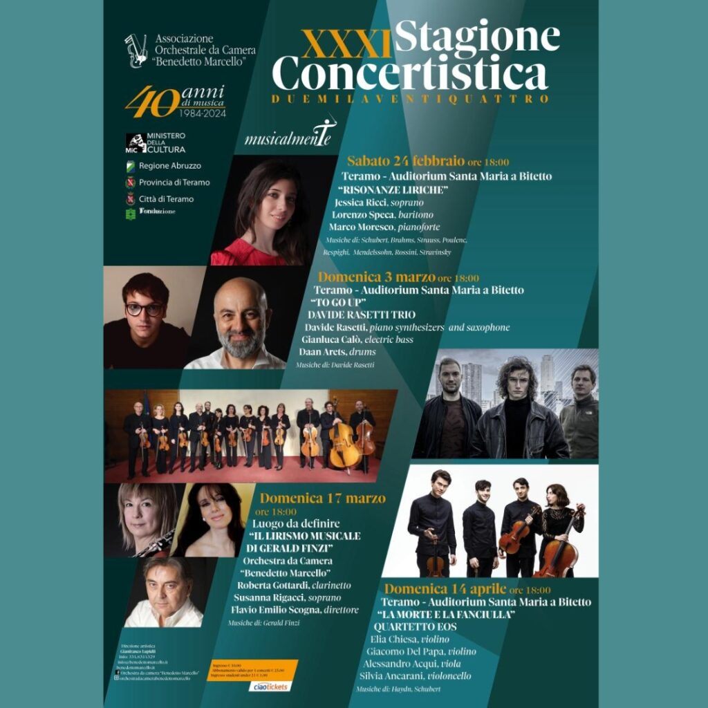 Tutti gli appuntamenti della XXXI Stagione Concertistica– MusicalmenTe 2024 organizzata dall’Associazione “Benedetto Marcello” di Teramo. 