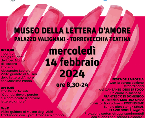 il 14 febbraio al Museo della Lettera d'amore (Palazzo Valignani) di Torrevecchia Teatina dalle 8.30 alle 24