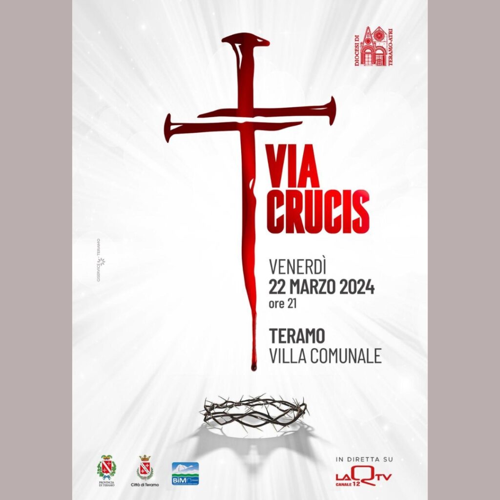 Venerdì 22 marzo 2024 alle ore 21:00 torna la Sacra rappresentazione della Via Crucis, quest’anno nel suggestivo scenario della Villa comunale di Teramo. 