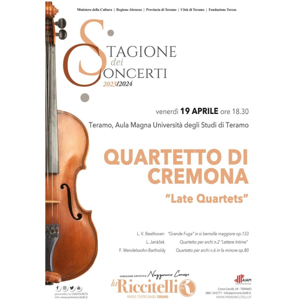 Venerdì 19 aprile alle 18.30, all'Aula Magna dell'Università degli Studi di Teramo, nuovo appuntamento di stagione per la Riccitelli con il concerto del Quartetto di Cremona.